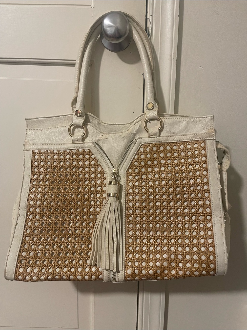 Woven Panel Tote Bag with Tassel - Cream